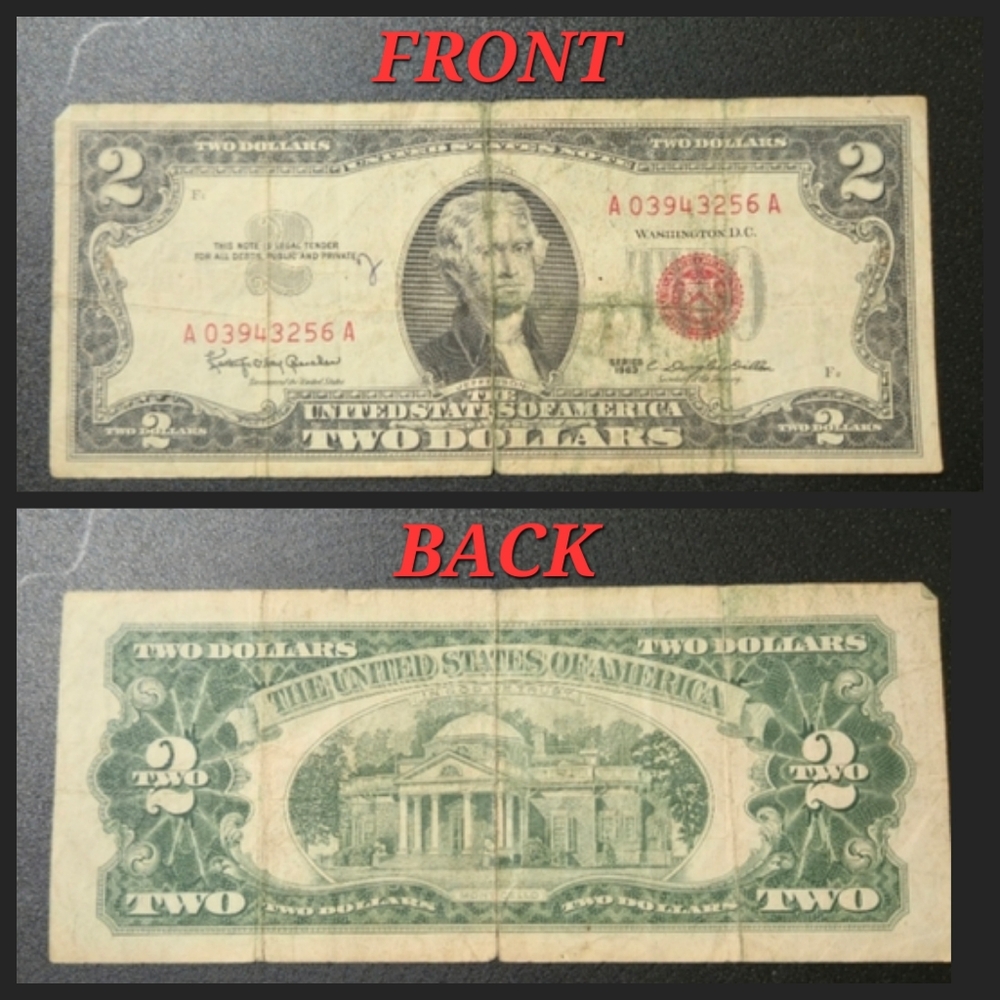 1963 $2 Dollar Bill Red Seal / Red Serial Number